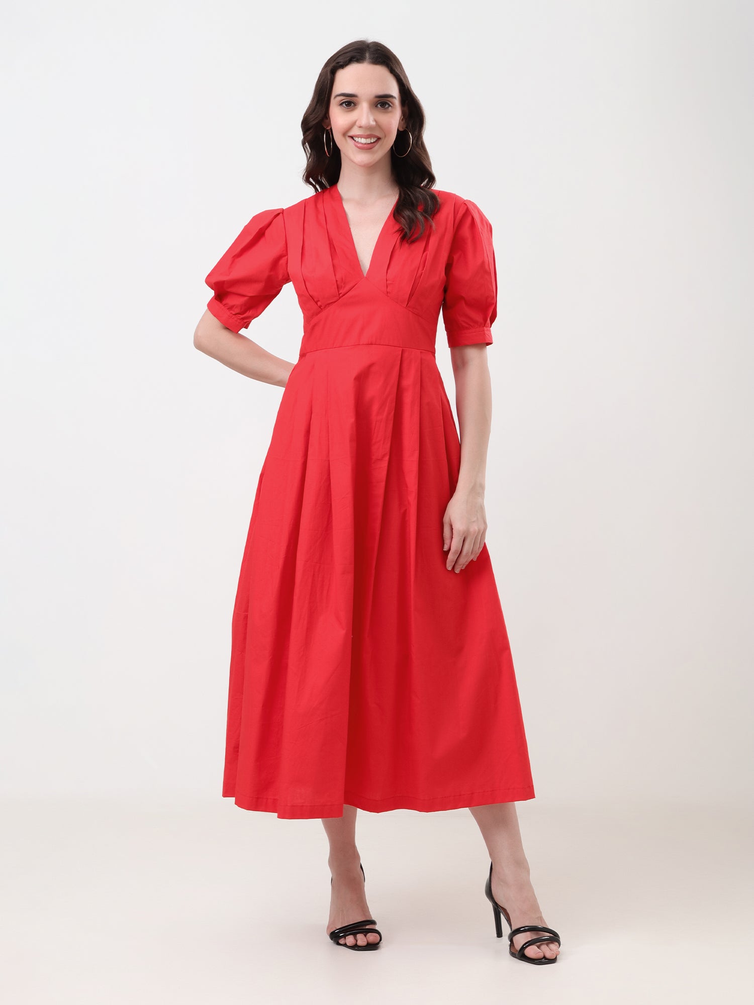 Women Puff Sleeve Fit & Flare Midi Dress