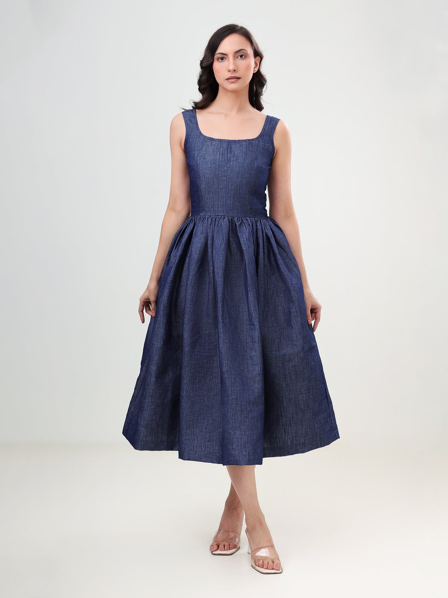 100% cotton Denim Flared Midi Dress