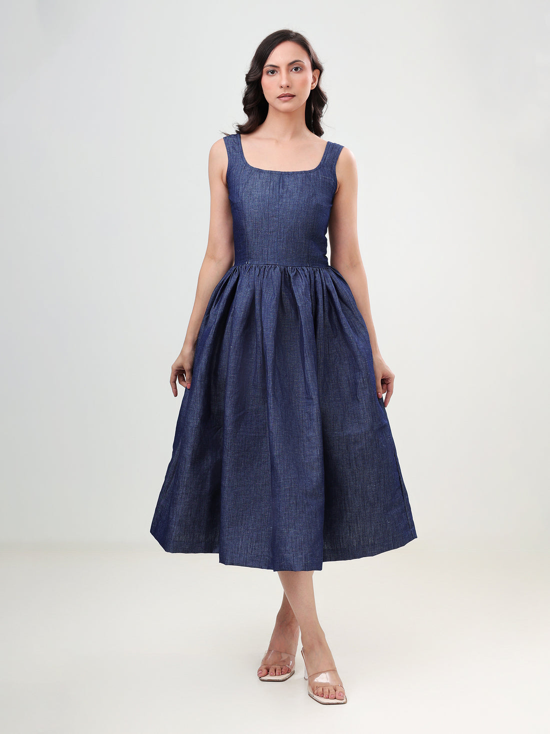100% cotton Denim Flared Midi Dress