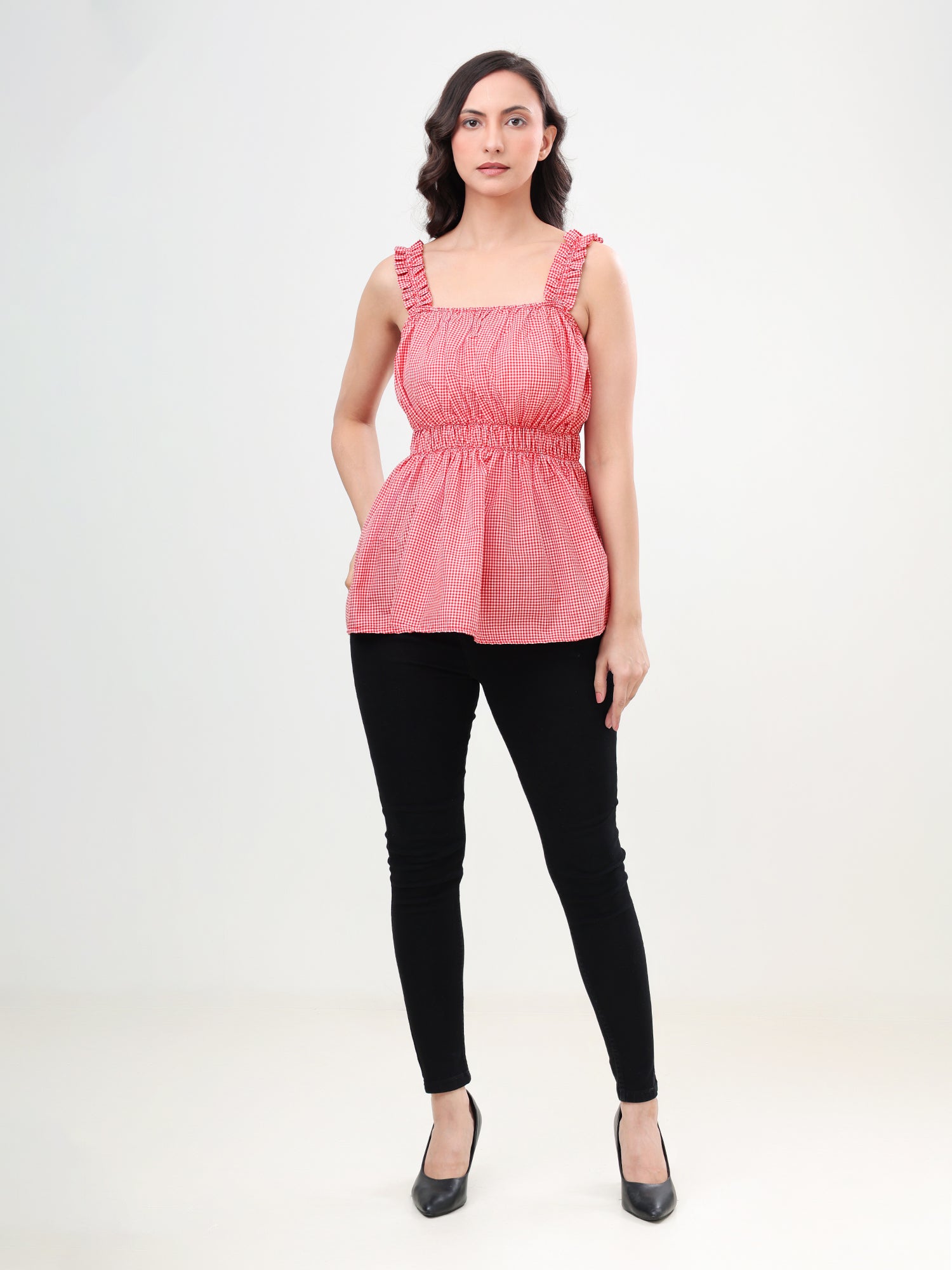 Gingham Ruffle-Strap Top