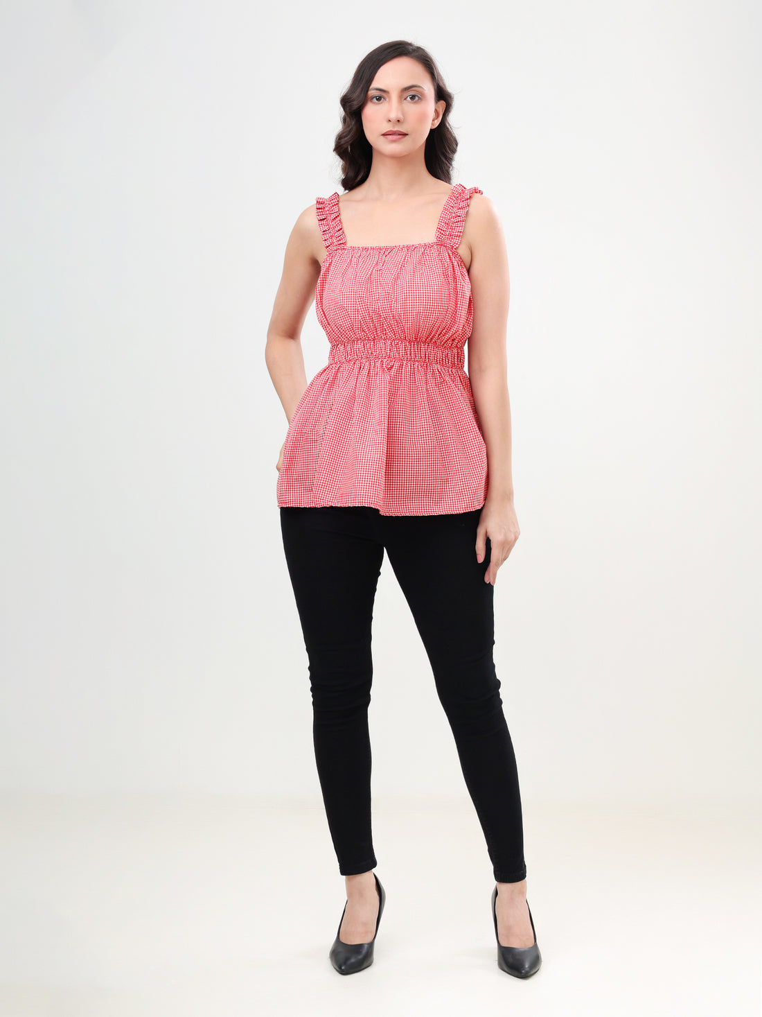 Gingham Ruffle-Strap Top