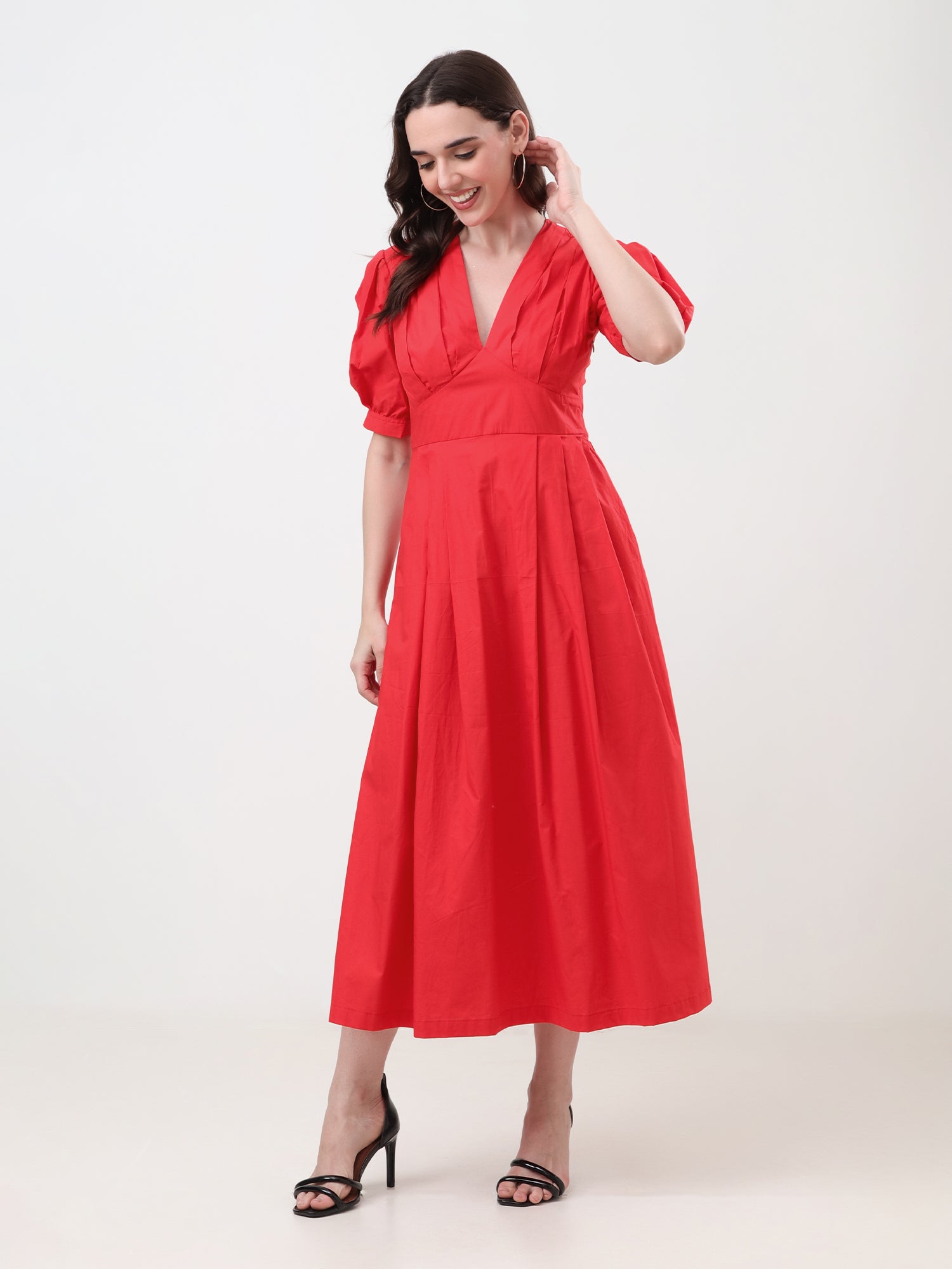 Women Puff Sleeve Fit & Flare Midi Dress