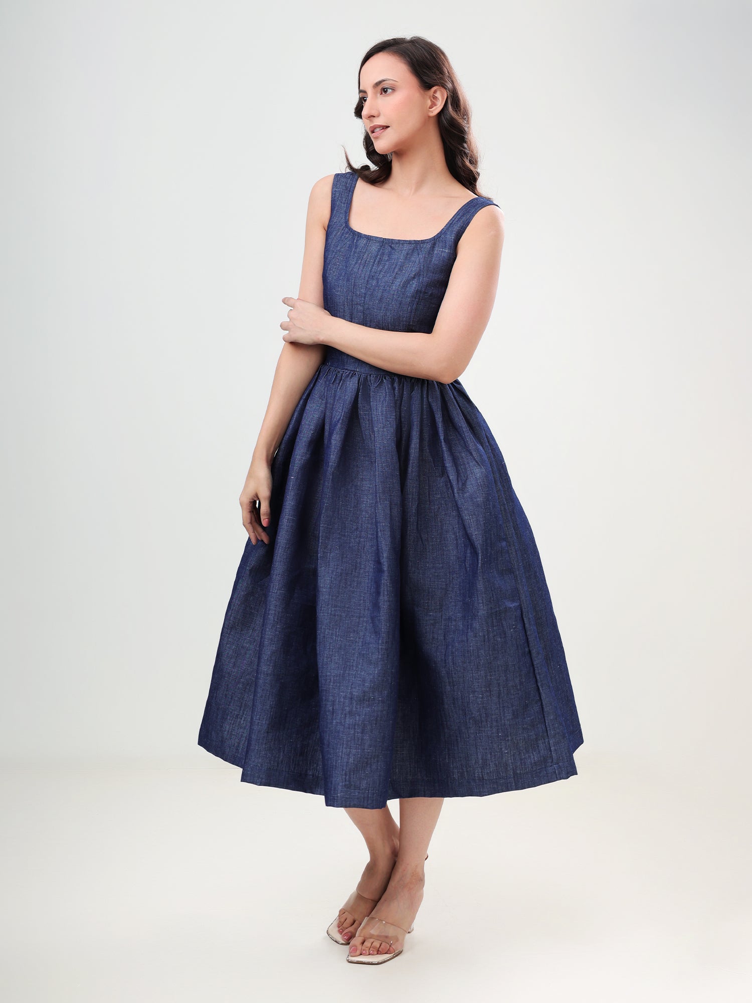 100% cotton Denim Flared Midi Dress