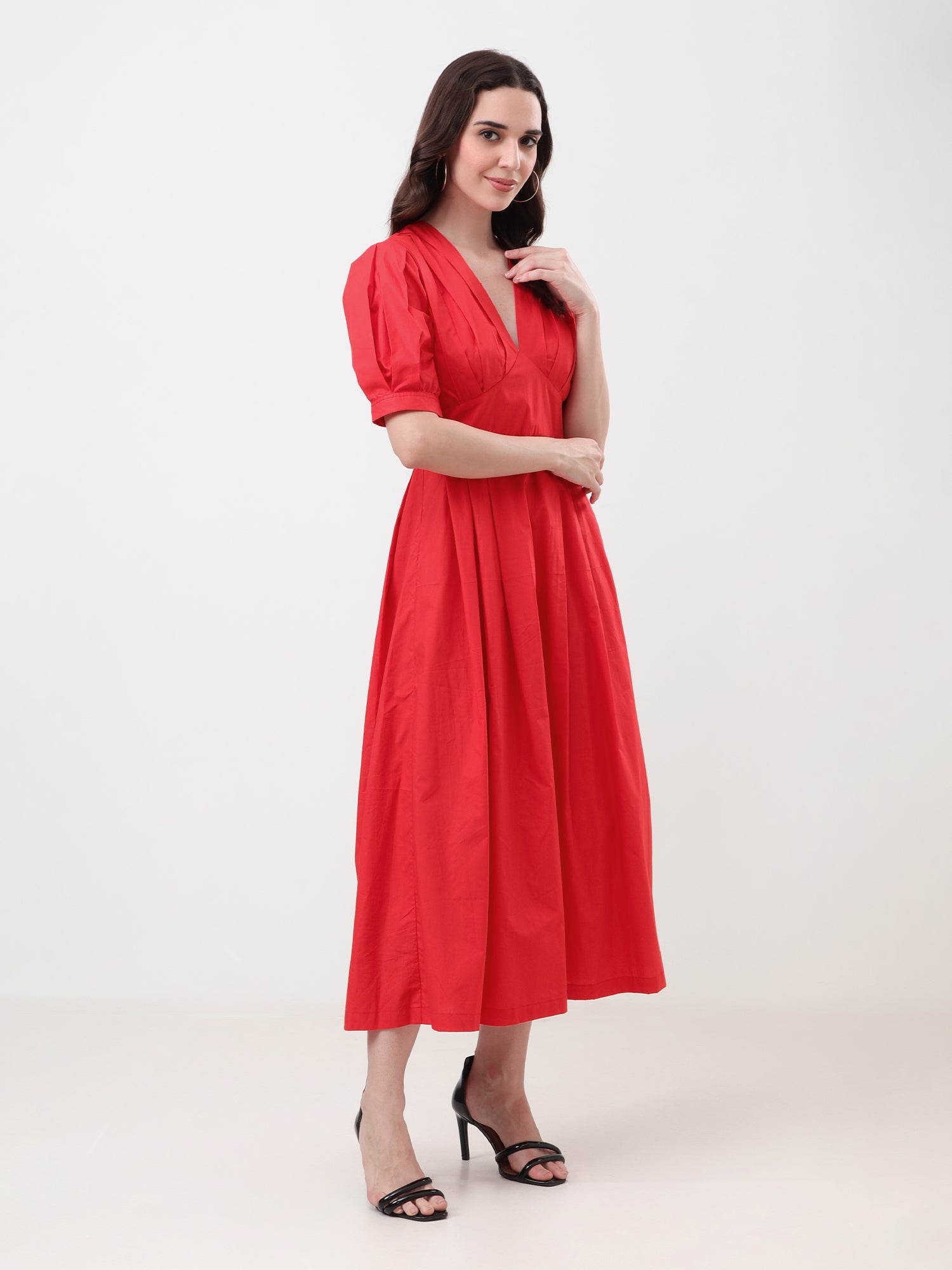 Women Puff Sleeve Fit & Flare Midi Dress