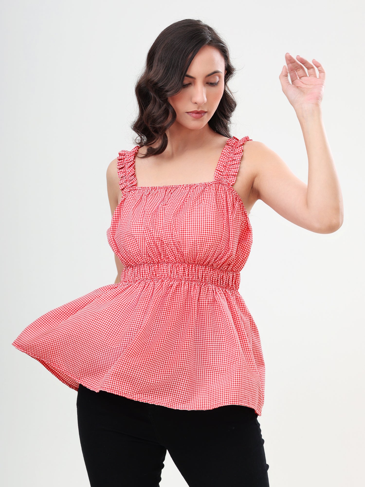 Gingham Ruffle-Strap Top