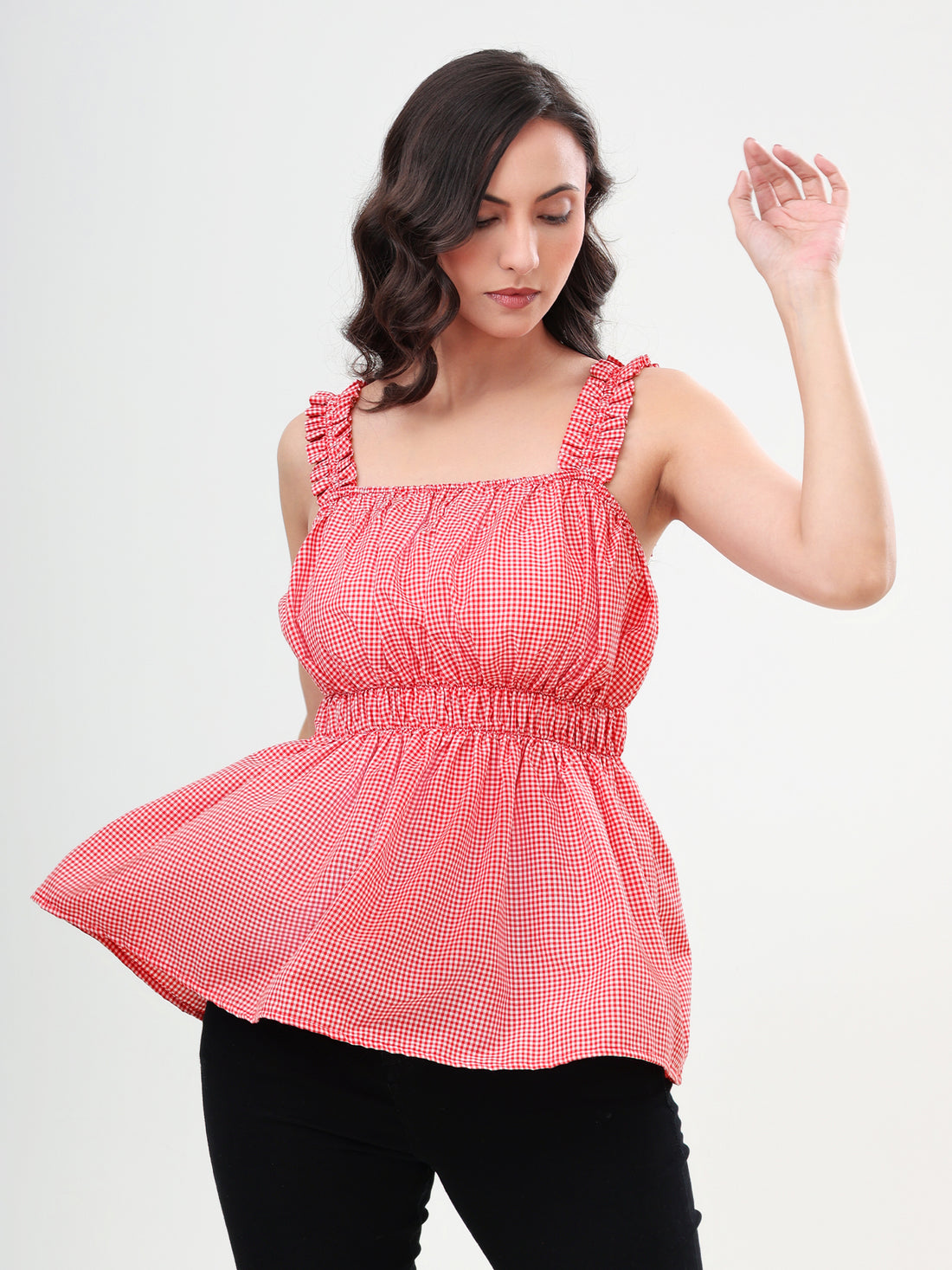 Gingham Ruffle-Strap Top