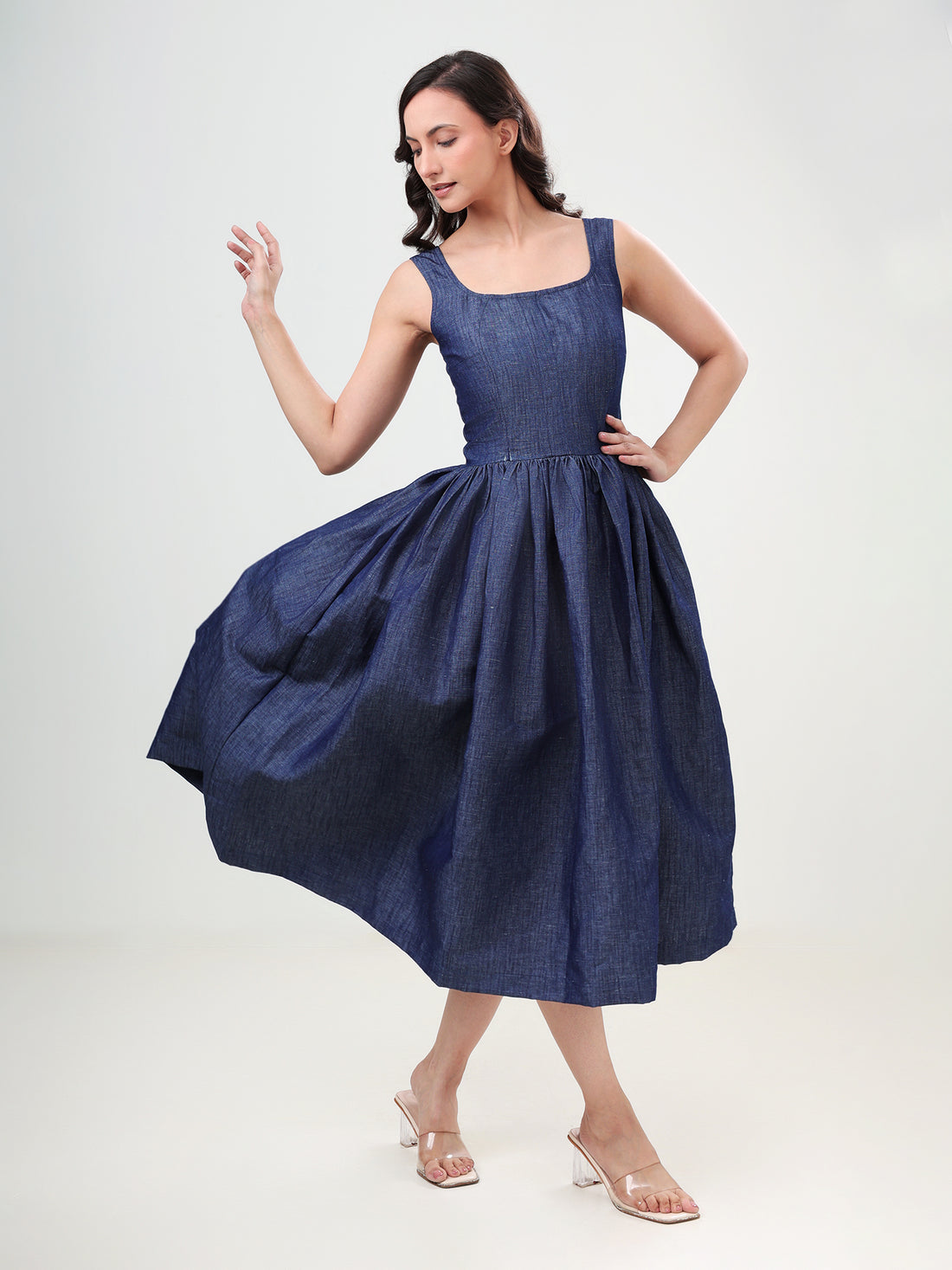 100% cotton Denim Flared Midi Dress
