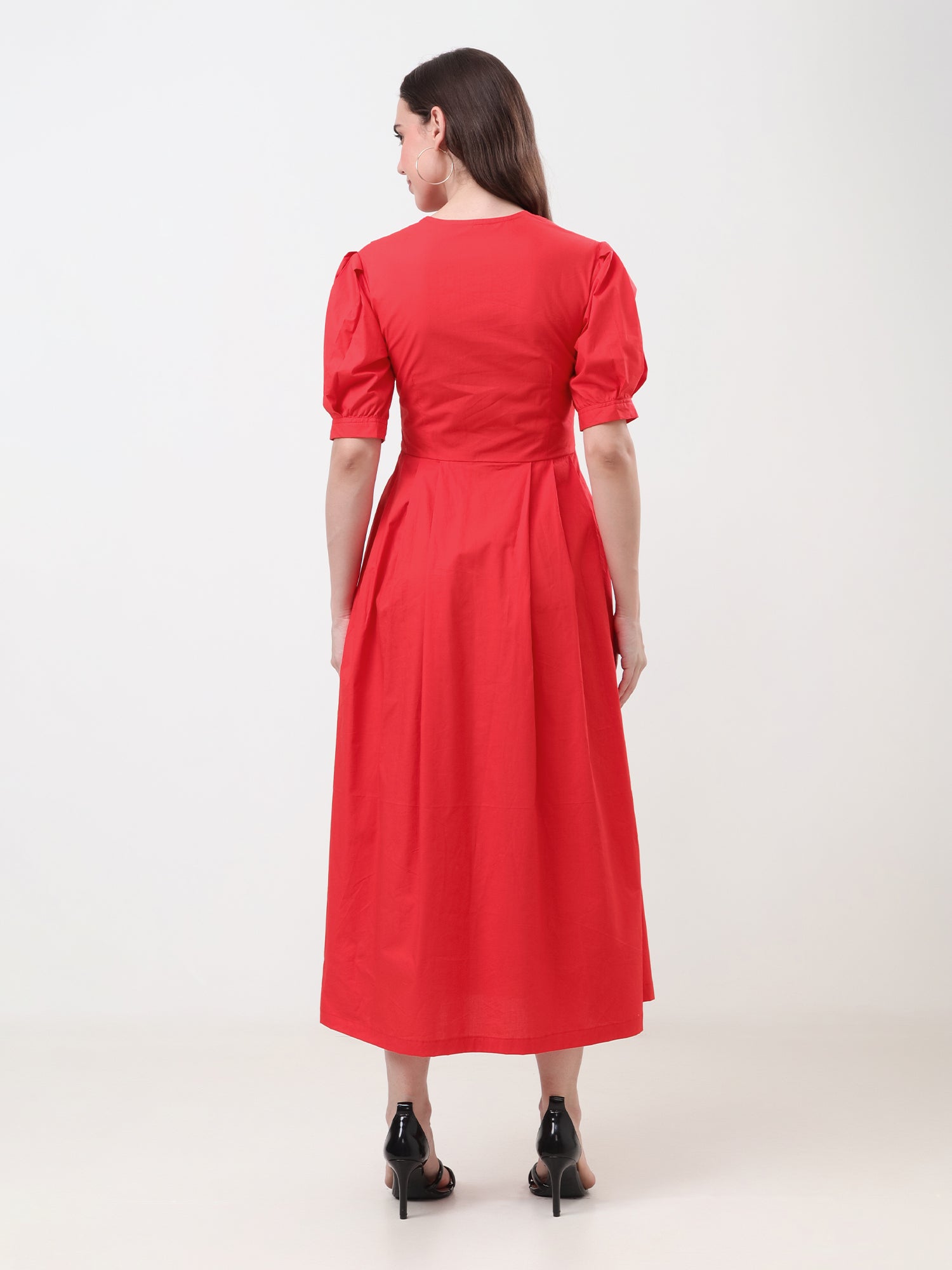 Women Puff Sleeve Fit & Flare Midi Dress