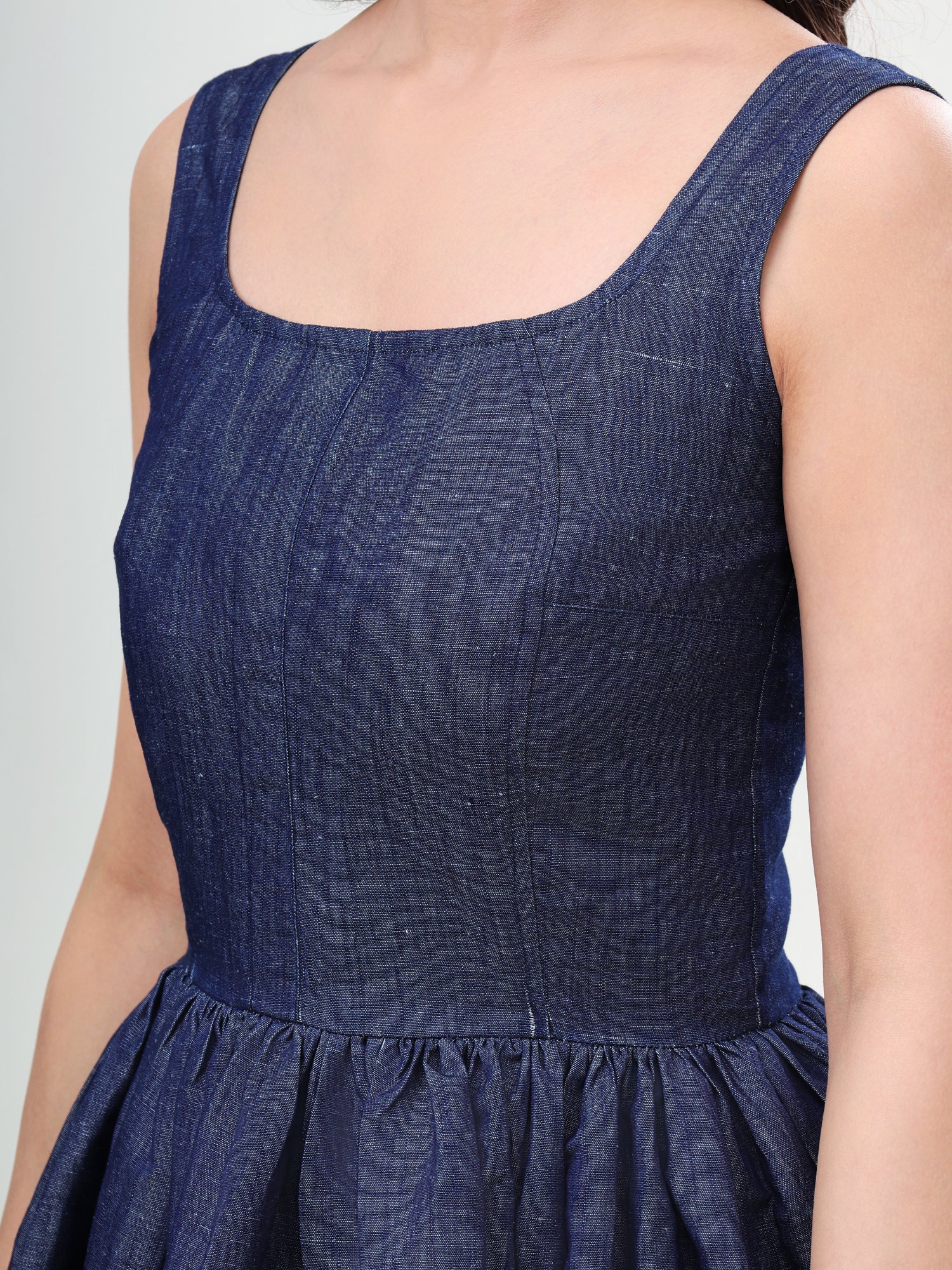 100% cotton Denim Flared Midi Dress