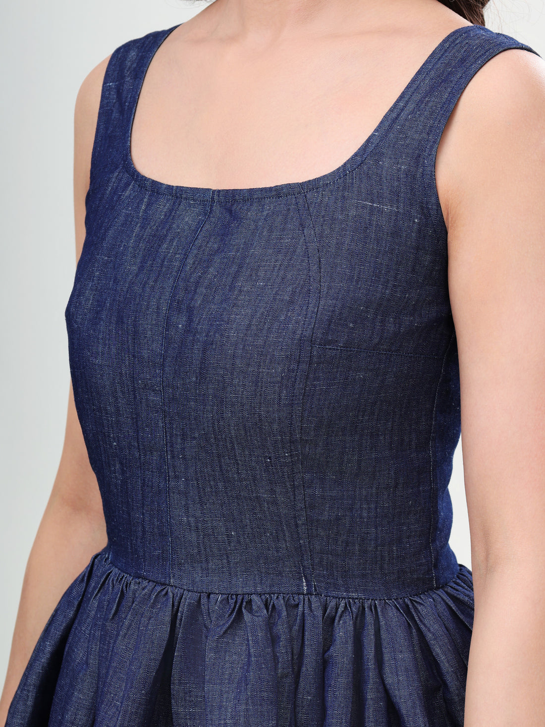 100% cotton Denim Flared Midi Dress