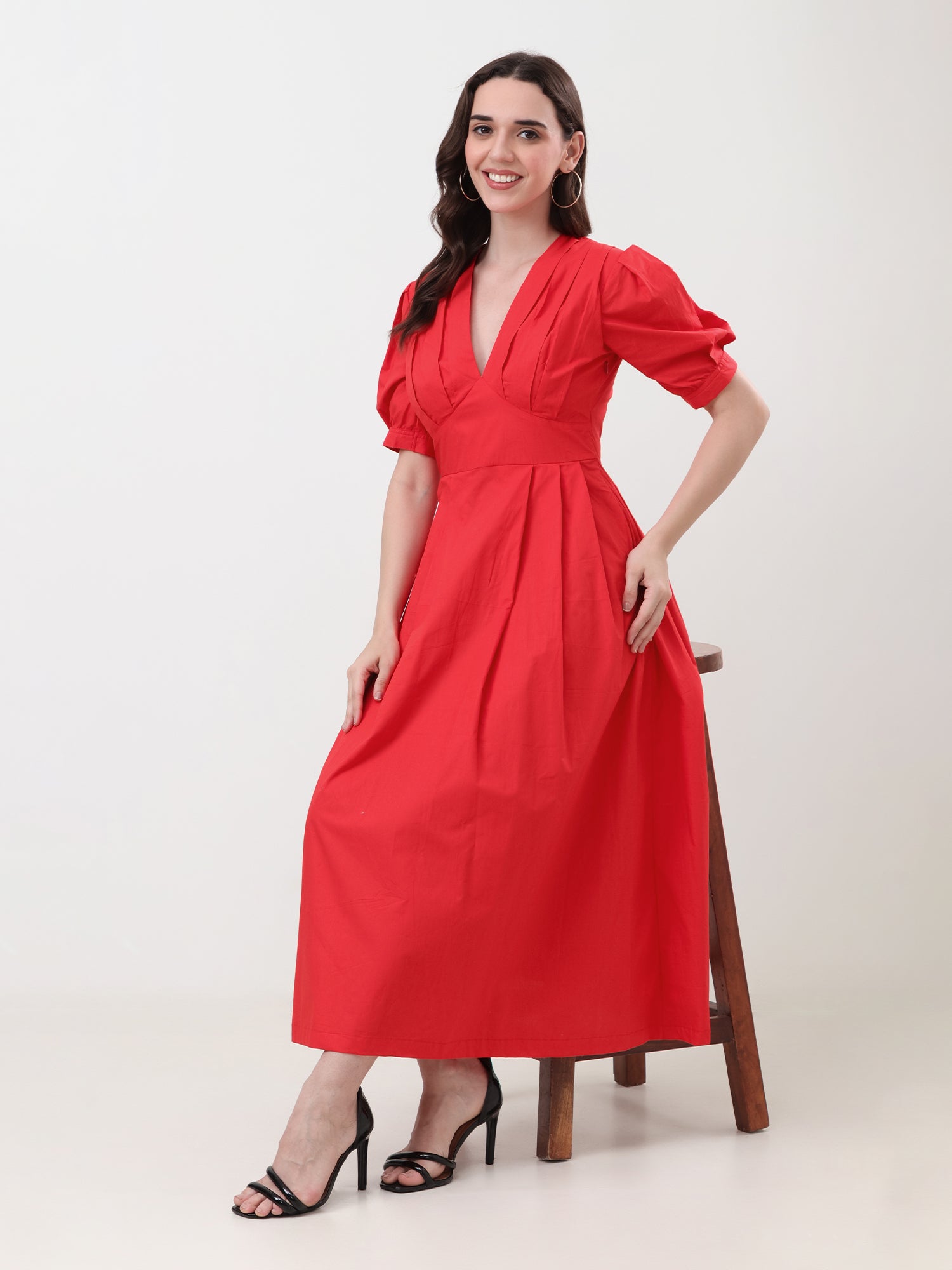 Women Puff Sleeve Fit & Flare Midi Dress
