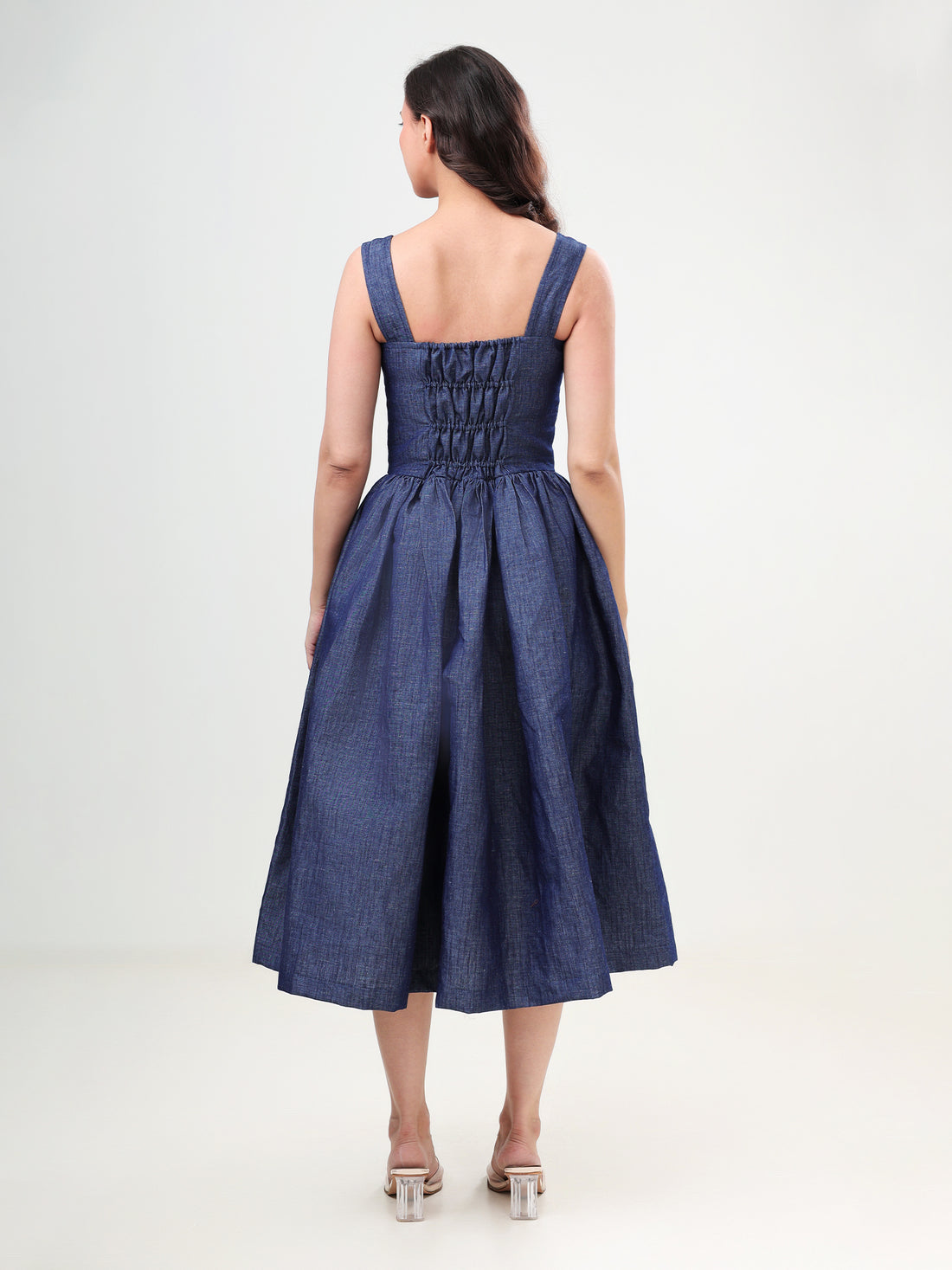 100% cotton Denim Flared Midi Dress