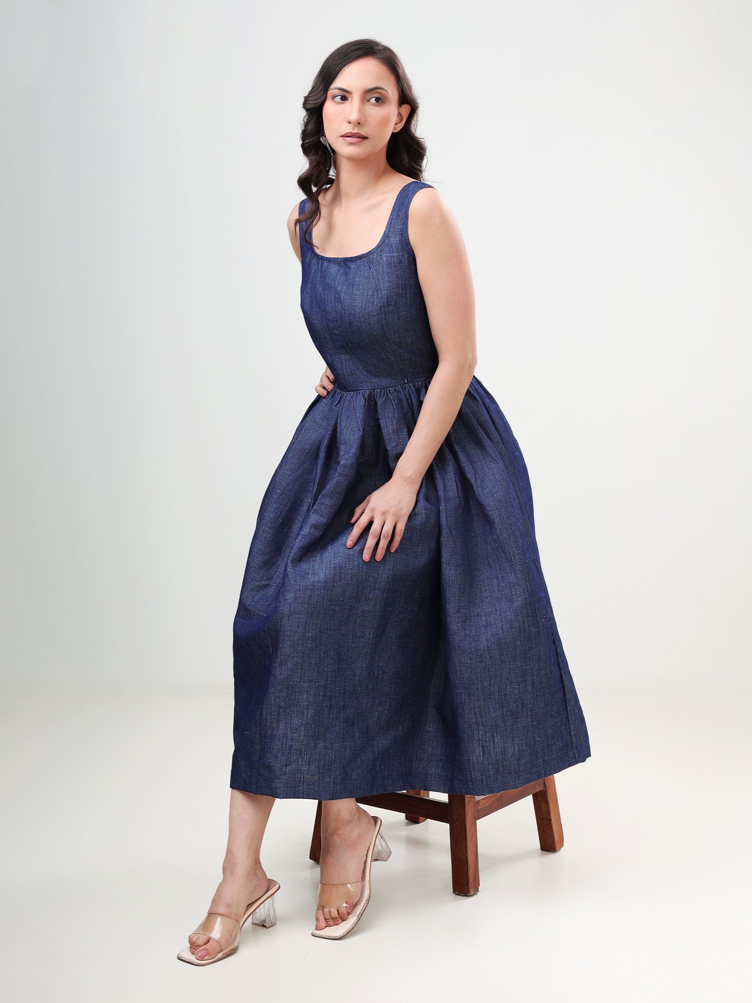 100% cotton Denim Flared Midi Dress