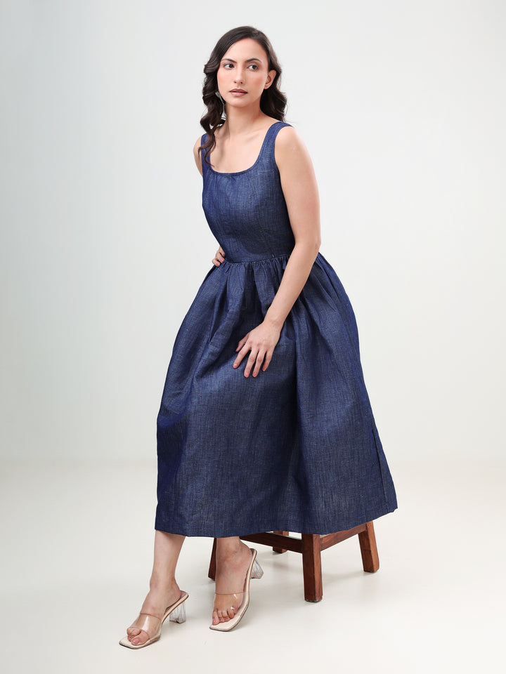 100% cotton Denim Flared Midi Dress