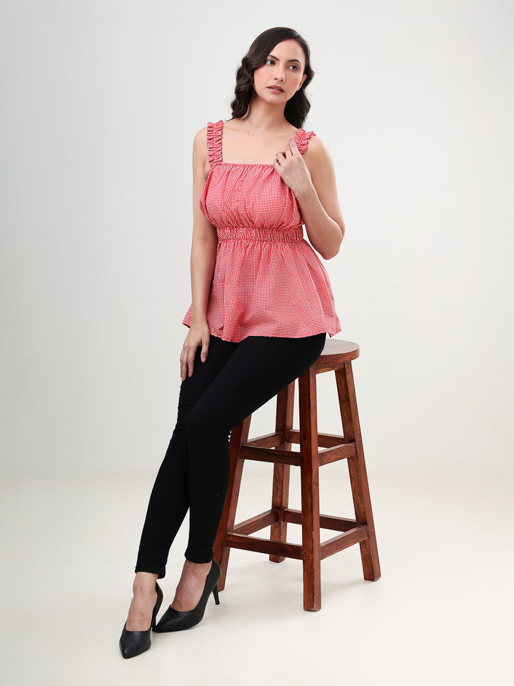 Gingham Ruffle-Strap Top