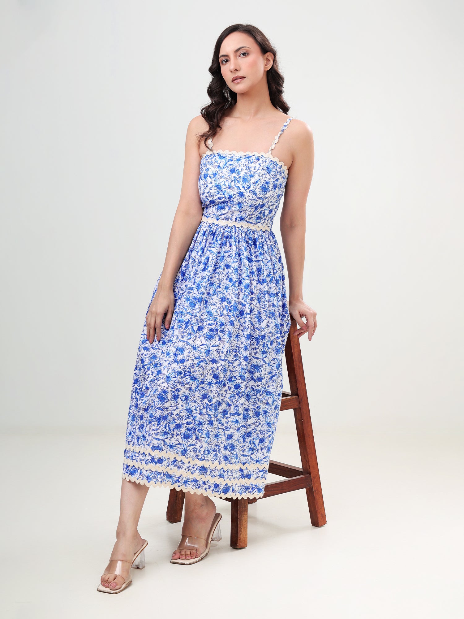 Printed Lace Strap Maxi Dress